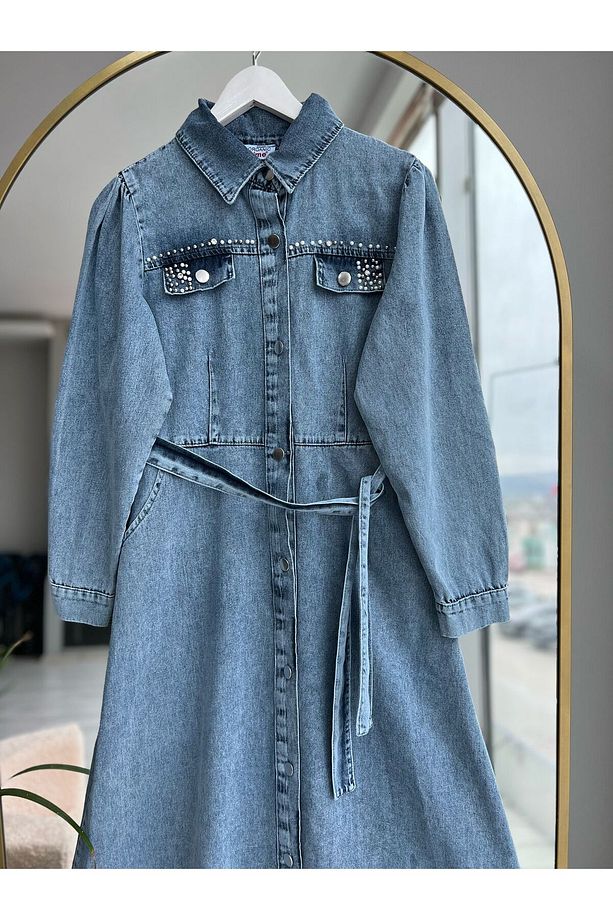 Kadın Denim İnci Taş Cep Detaylı Tesettür Kot Elbise - 1