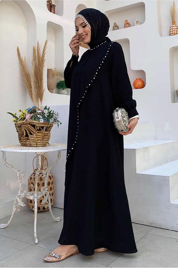 KADIN SİYAH TAŞ DETAYLI ABİYE ELBİSE T 9783 - 2