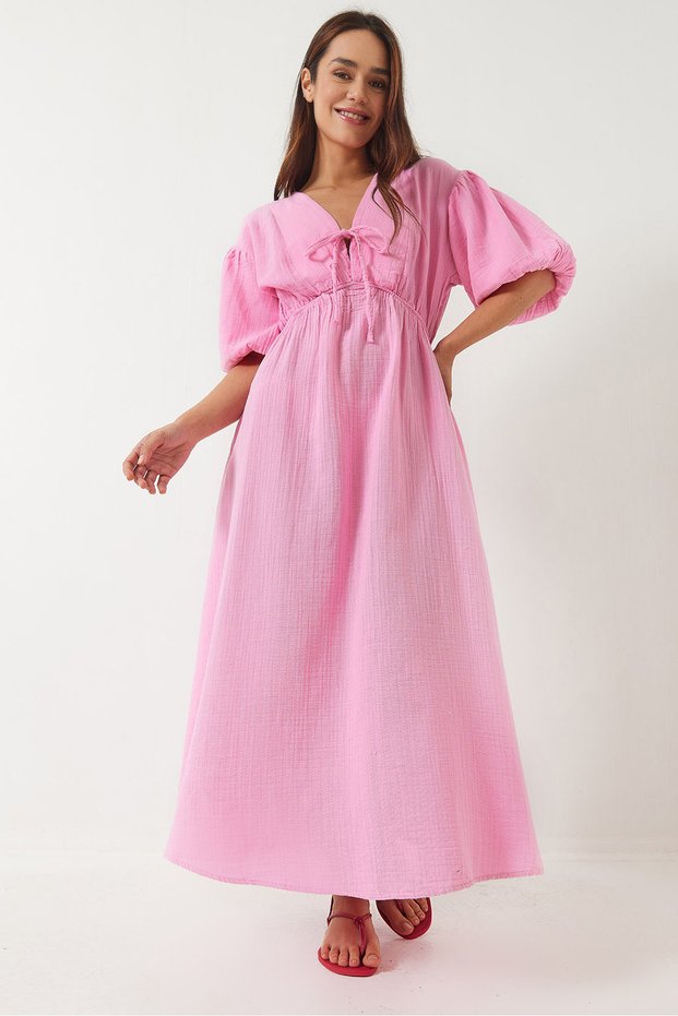 Women's Powder V-Neck Muslin Fabric Elastic Waist Balloon Sleeve Midi Dress 60283096