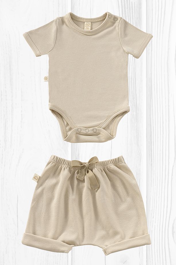 Unisex 2 Parça Kısa Kollu Bebek Yazlık Bodysuit Ve Şort Seti - Elation Filbert - 1