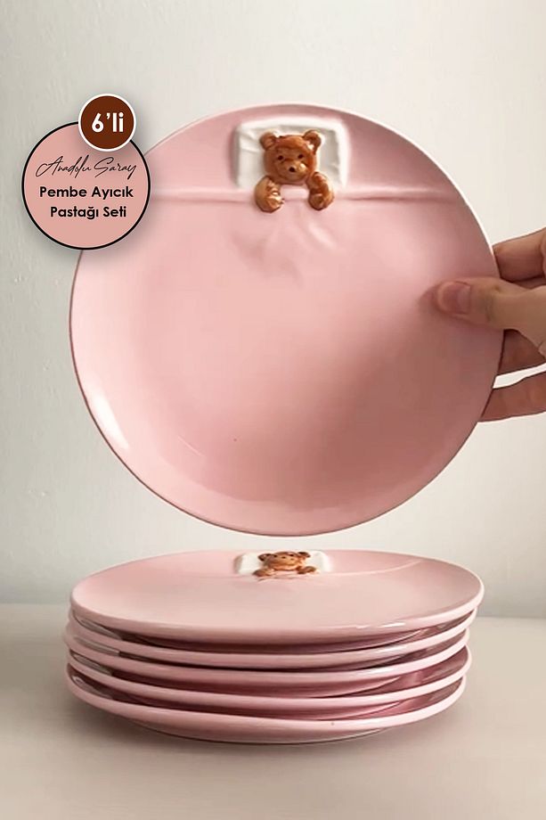 6 Adet Pembe Seramik Yatan Ayı Şekilli Tasarım Handmade Pasta Tabağı Tatlı Kahvaltı Pasta Tabağı Set - 1