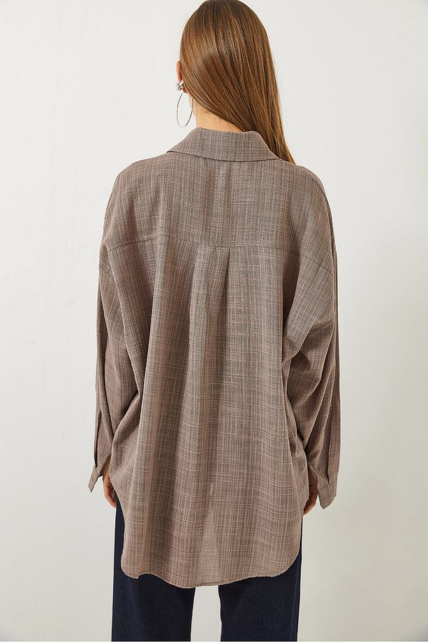 Kadın Tek Cep Detaylı Oversize Keten Dokulu Basic Gömlek 4756 60283100 - 8