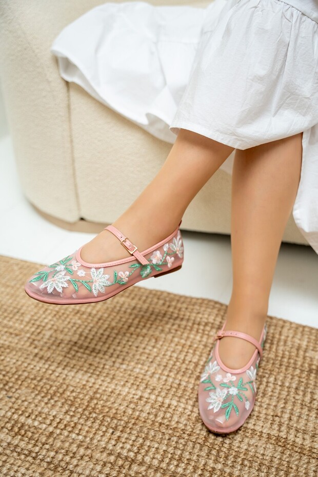 Lalu Candy Pink Transparent Embroidered Women's Ballerinas