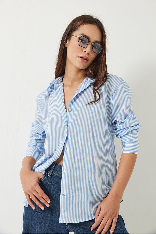 Kadın İnce Çizgili Regular Pamuk Basic Poplin Gömlek 2067 60283104 - 7