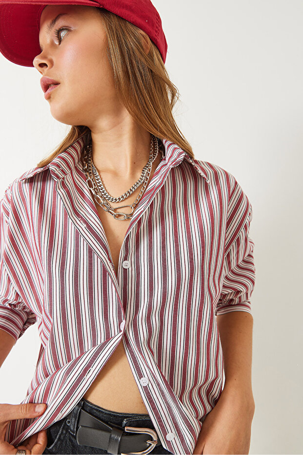 Kadın Çizgili Regular Basic Viskon Gömlek - 2