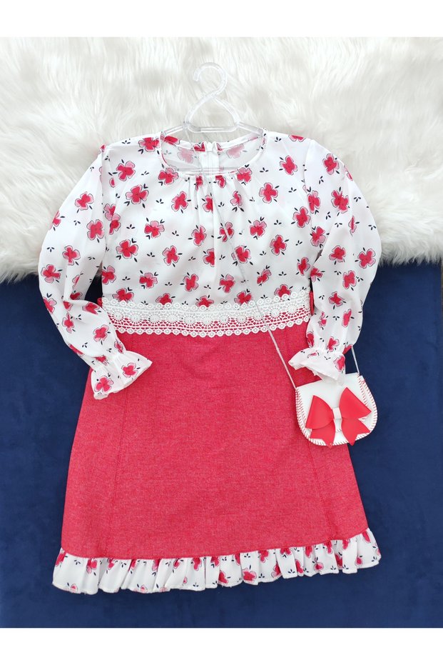 Floral Crepe Girl's Dress with Bag
