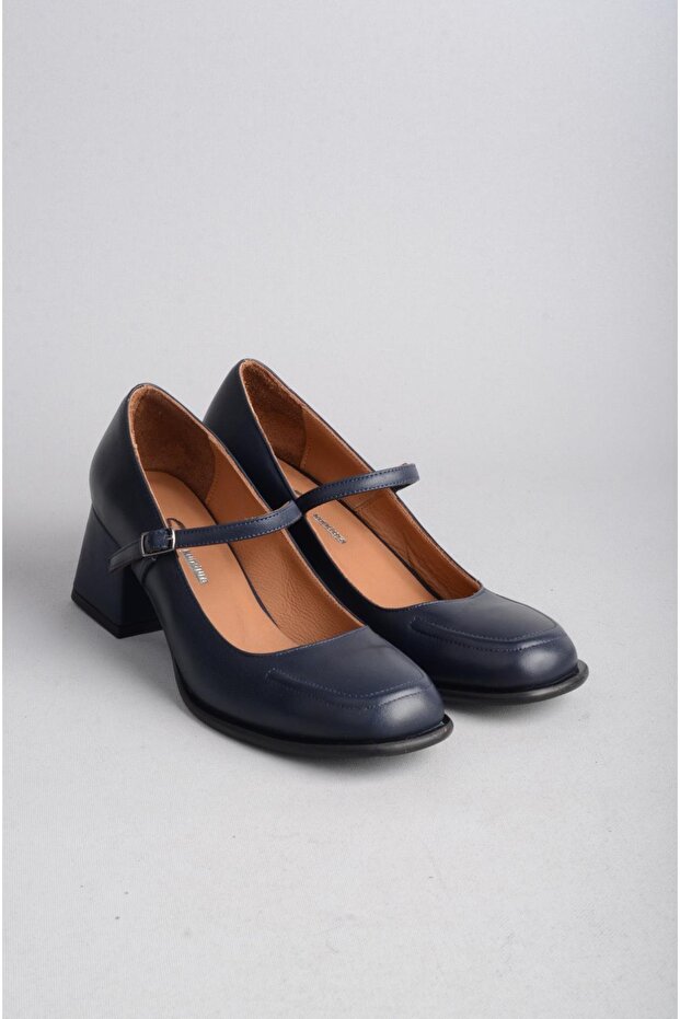 Seç 146 Genuine Leather Belted Heel Shoes (Heel Height: 5.5 cm) Dark Blue