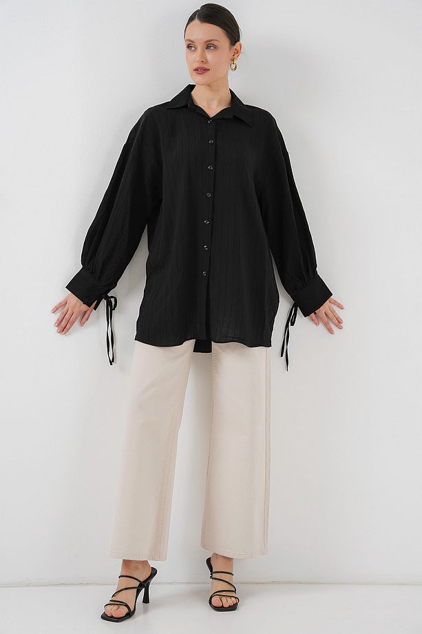 Kadın Oversize Bağcıklı Gömlek 5954 - Siyah - 3