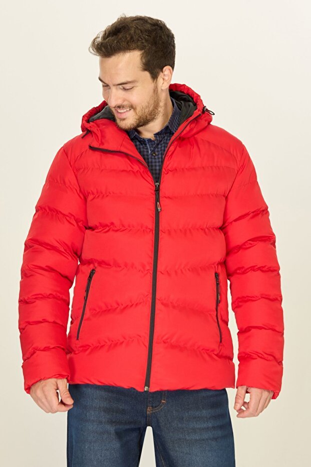 Męska czerwona kurtka zimowa z kapturem, nieprzemakalna i ocieplana - 2