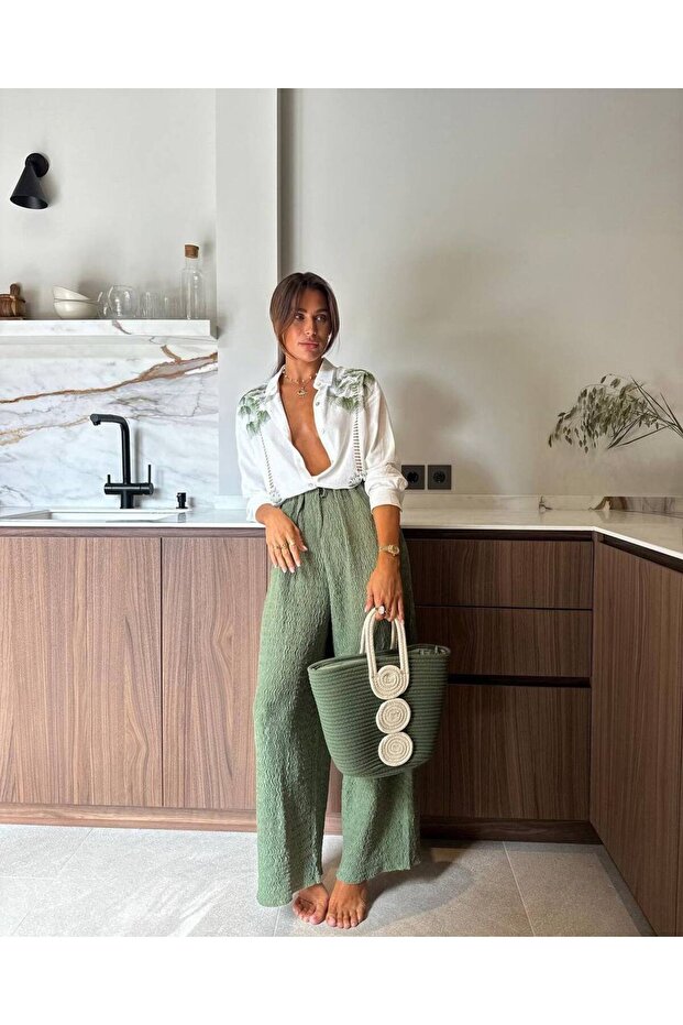 Green Bark Pants Linen Embroidery Detailed Shirt Twinset