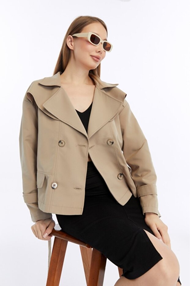 Double Collar Short Women's Trench Coat