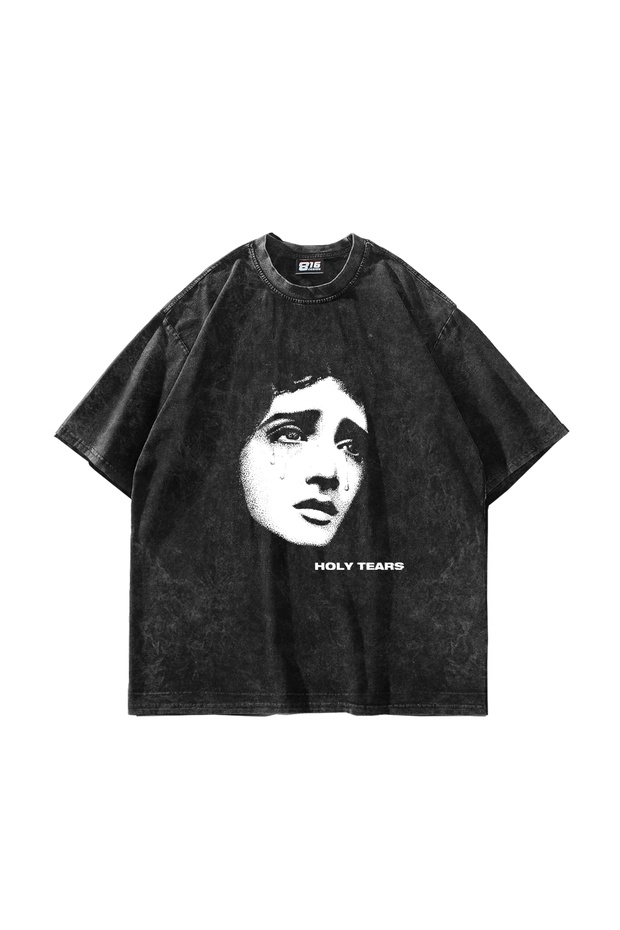 Holy Tears Printed Oversize Unisex Washable Black Tshirt