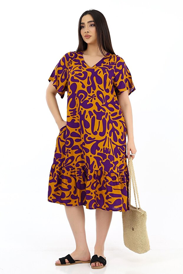 Women's Viscose Half Sleeve V-Neck Pocket Ruffle Dress Purple