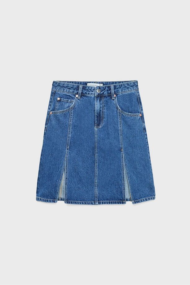 Çift yırtmaçlı denim midi etek - 5