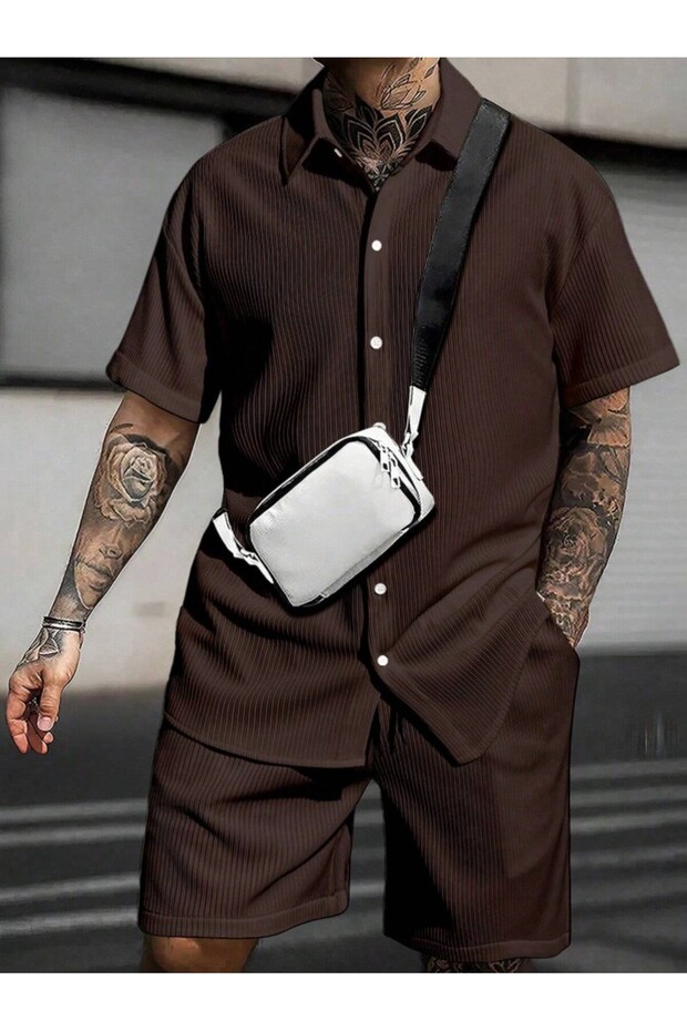 Men's Black Short Sleeve Shirt Shorts Ottoman Suit