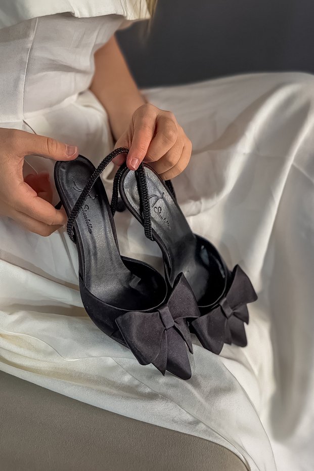Mayje Black Satin Bow Detailed Women's Heeled Shoes