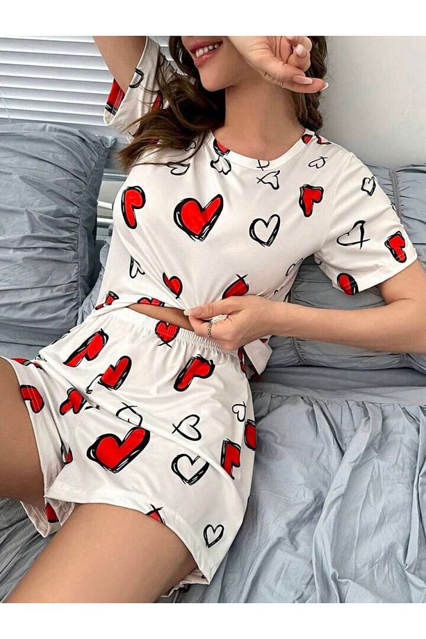 Kadın Kısa Kol Şort Takım KALPLİLOVEŞORTLU - 1