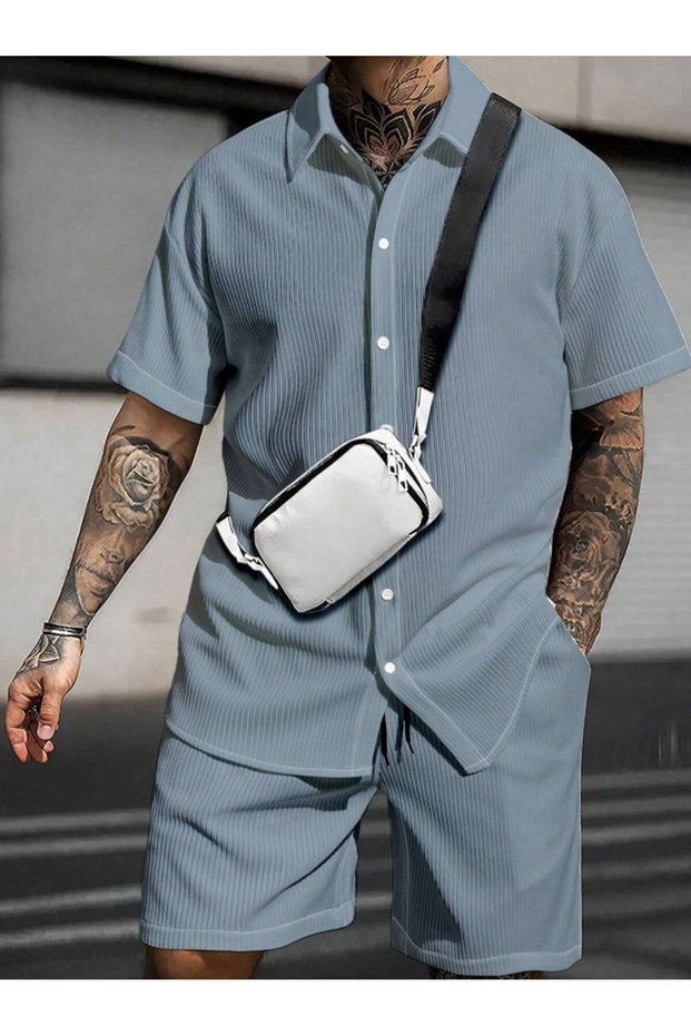 Men's Smoke Gray Short Sleeve Shirt Shorts Ottoman Set