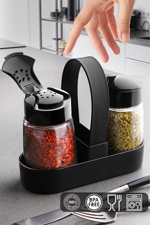 Glass Salt Shaker and Black Pepper Shaker Set with Click Lid and Stand