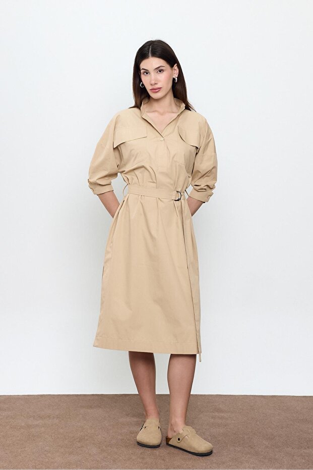 Beige 100% Cotton Midi Length Shirt Dress