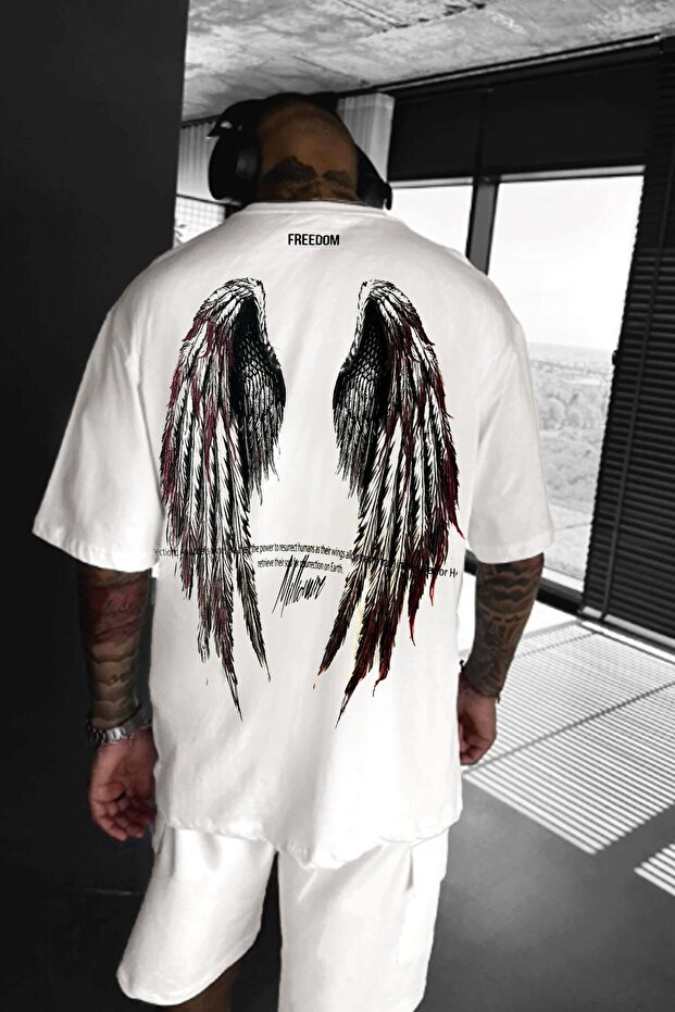 Men's Ecru White Freedom Wing Printed Oversize Casual T-Shirt