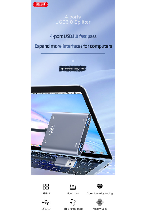USB 3.0 Dock İstasyonu 4 Port Hub HUB012B, 5Gbps Veri Aktarım Hızı, Tak ve Çalıştır, 15cm Kablo - 3
