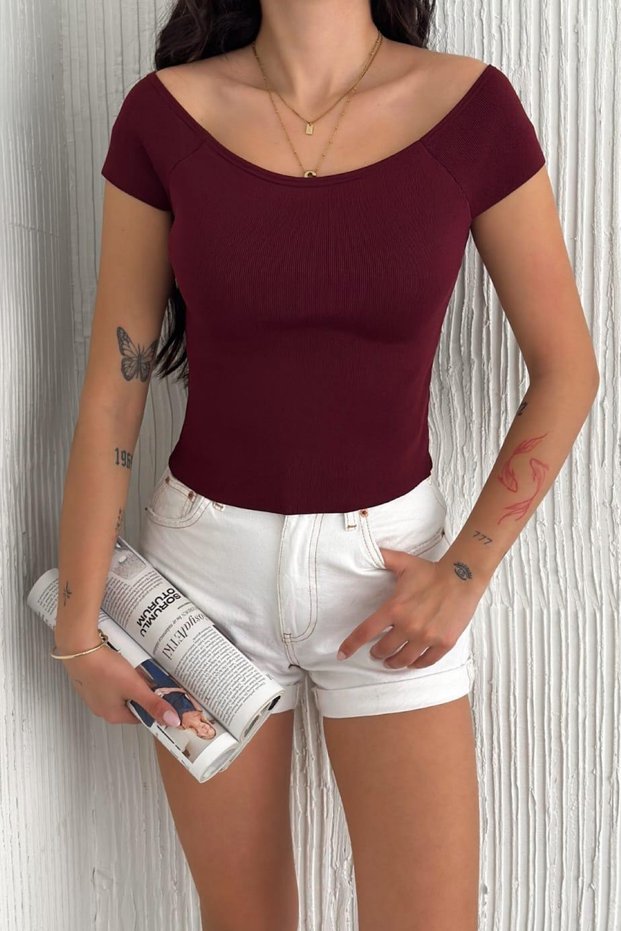 Women's Burgundy Standard Size Knitwear Crop Blouse
