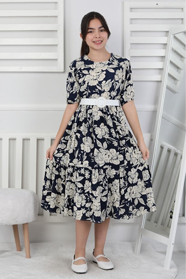Patterned Buttoned Belted Flared Woven Fabric Eid Girl's Dress Aby208