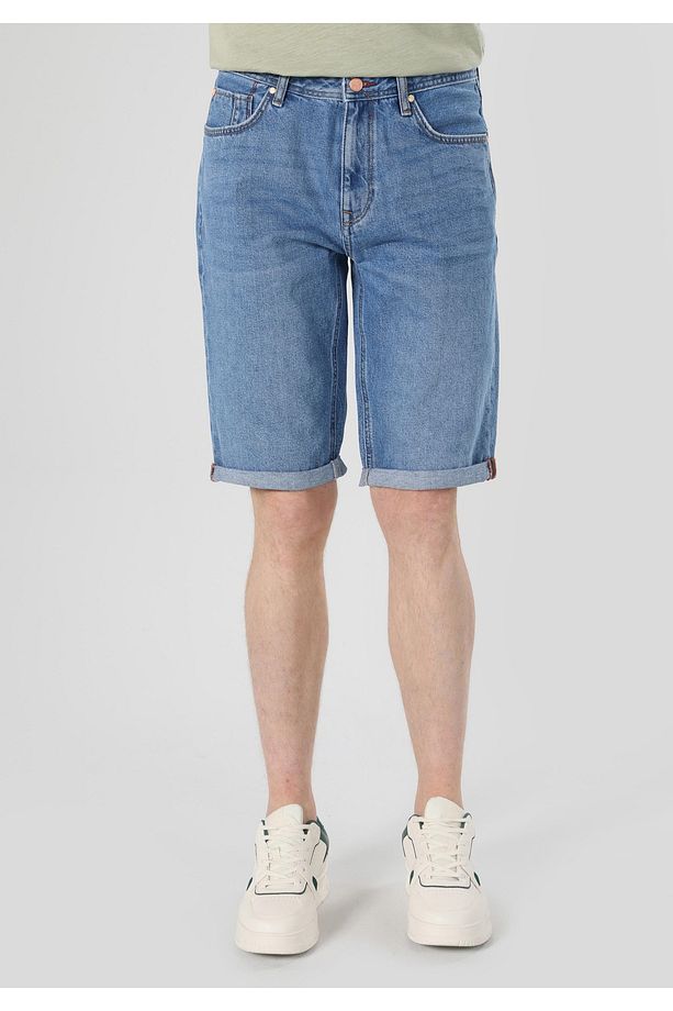 Regular Fit Orta Bel Düz Erkek Mavi Jean Şort - 4