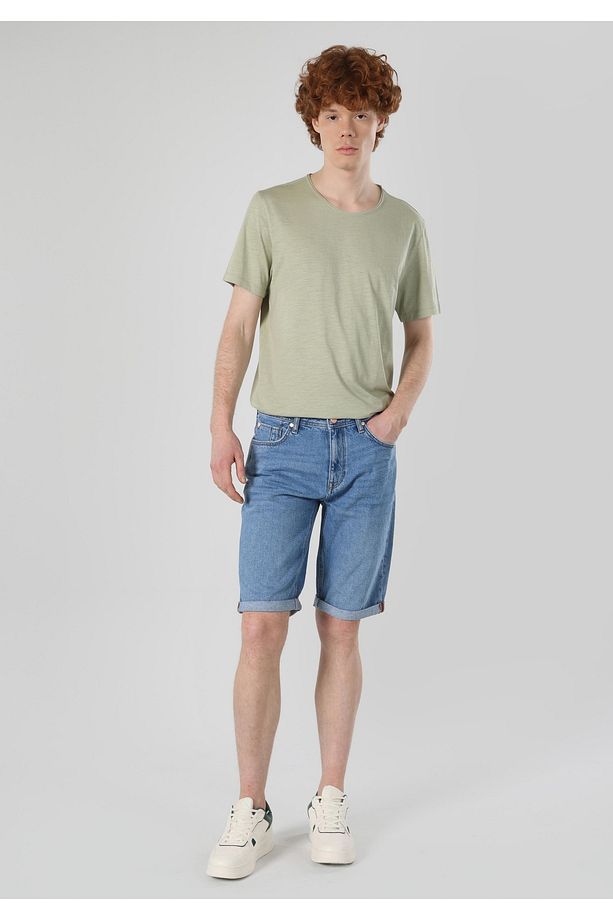 Regular Fit Orta Bel Düz Erkek Mavi Jean Şort - 3
