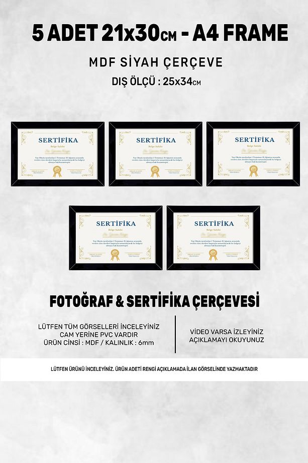 5 Adet A4 Çerçeve - Fotoğraf Ve Sertifika Çerçevesi - 21x30 Çerçeve - Mdf Siyah Çerçeve - 1