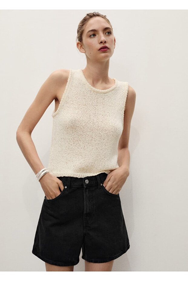 Yüksek Belli Denim Şort - 1