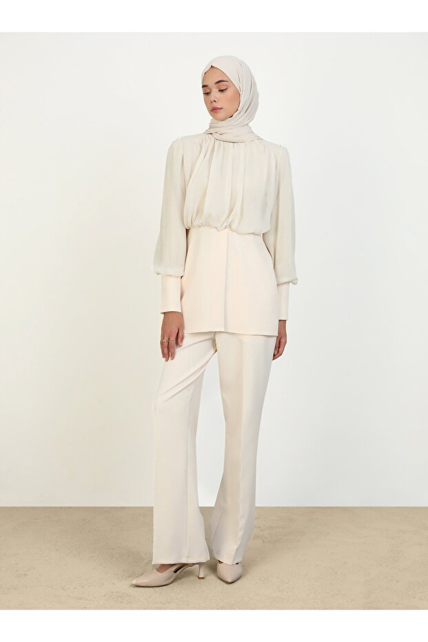 Poplin Chiffon Detailed Evening Dress Suit - Cream - Refka