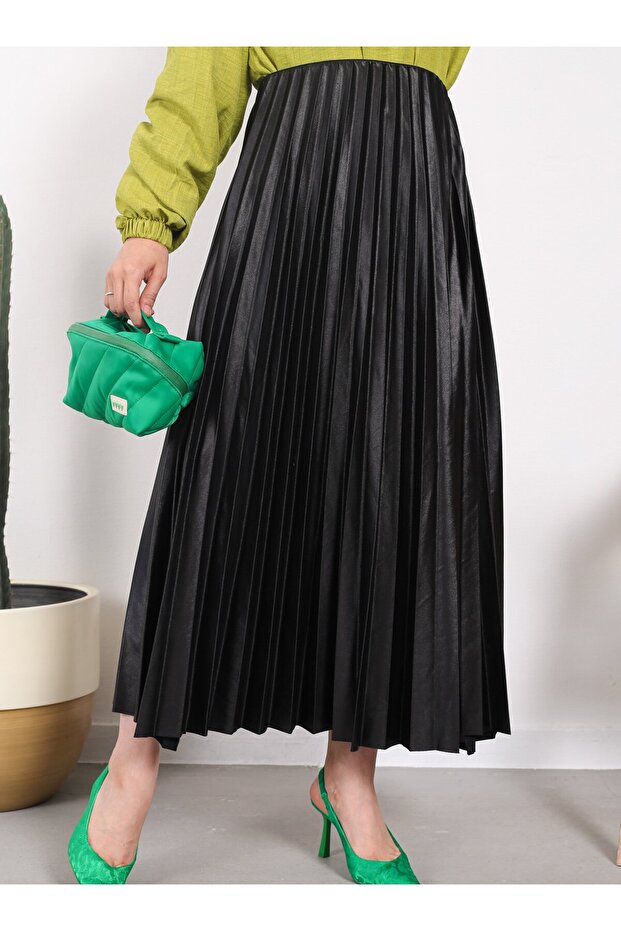 Deri Dik Pliseli Etek - Siyah - Vav - 2