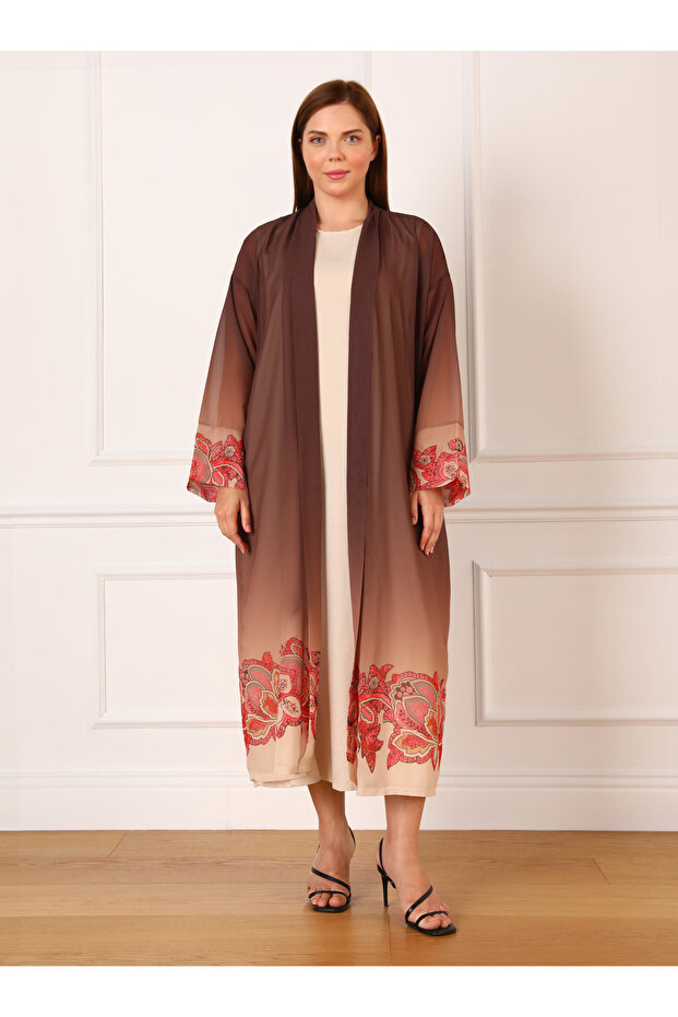 طقم شيفون مقاس كبير - نمط متدرج، بني، أليا - 1
