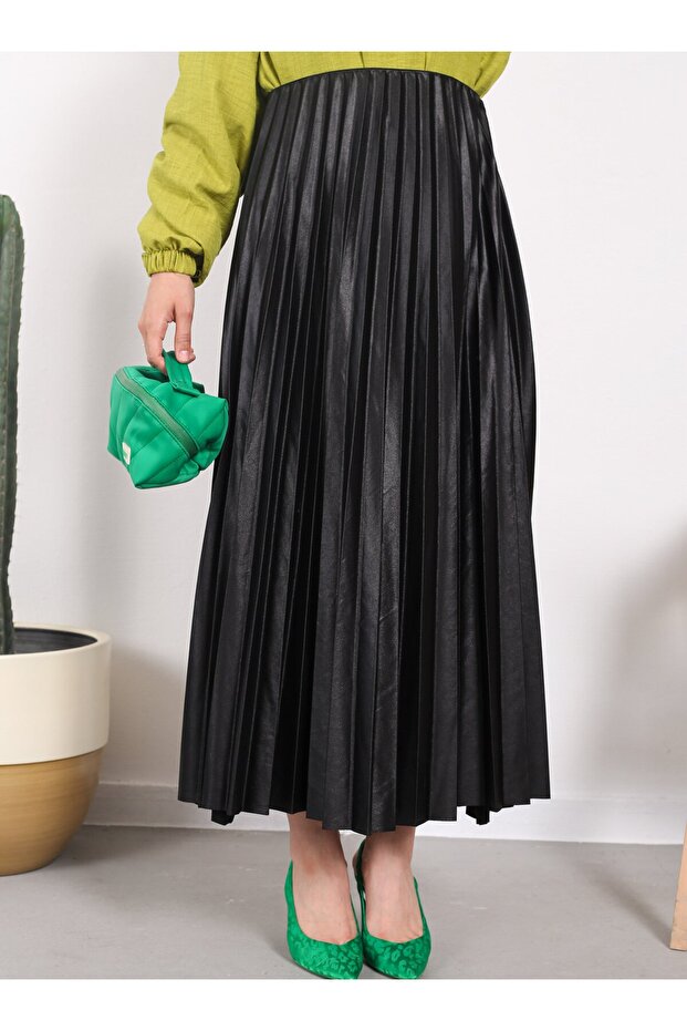Deri Dik Pliseli Etek - Siyah - Vav - 3
