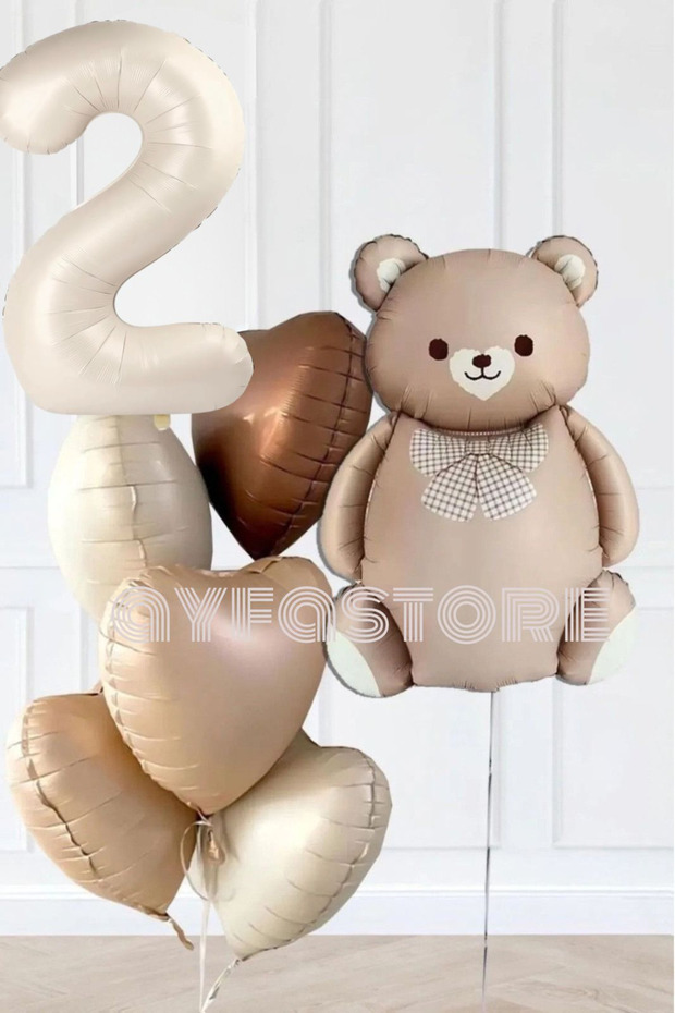 2 Years Old Retro Hearts Cream Number Caramel Bear Birthday Balloon Set