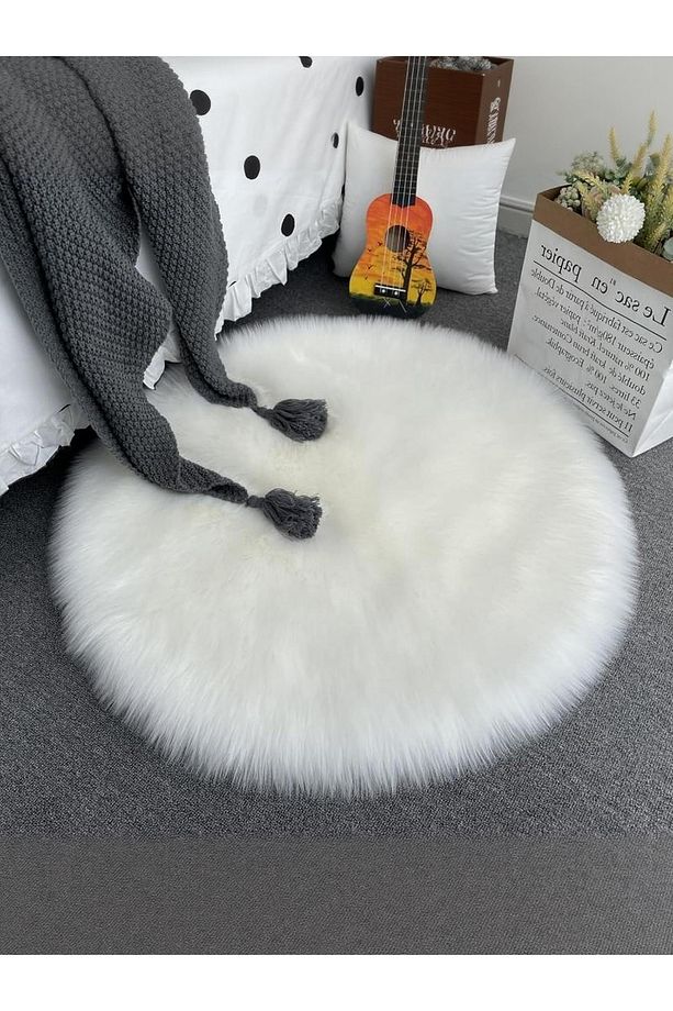 Puffy Yumuşacık Kuzu Post Yuvarlak Kaymaz Taban Kürk Halı Makinede Yıkanabilir Beyaz - 4