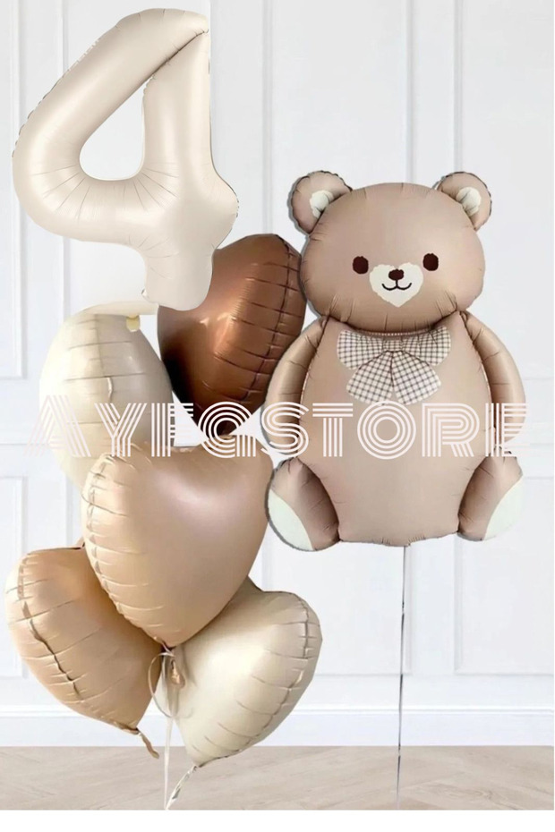 4 Years Old Retro Hearts Cream Number Caramel Bear Birthday Balloon Set