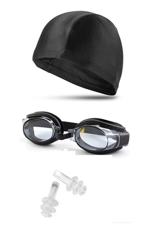 Set of 3 Pool Sea Swimming Goggles with Bonnet and Plug Uv Protection Swimming Set
