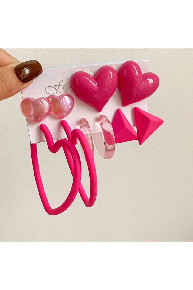 AEH60073 5 Pairs Fuchsia Heart Triangle Earring Set Lovely Girls Geometric Neon Color Multi Earrings