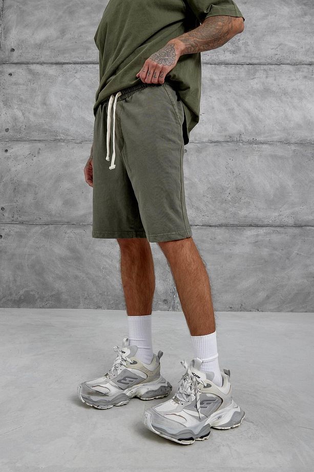 Haki Yıkamalı Oversize Şort - 1