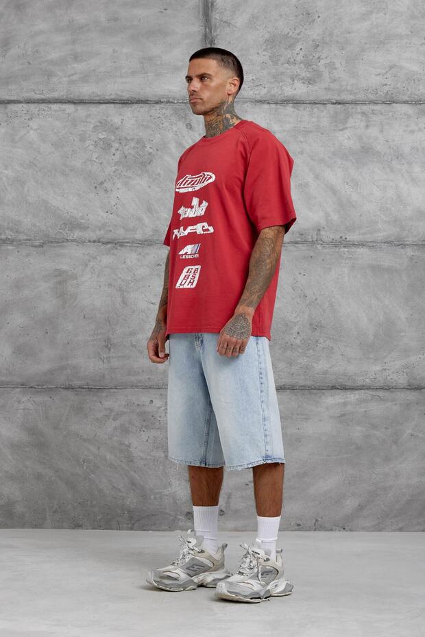 Red Lesschen Printed Washed Oversize Tshirt - 5