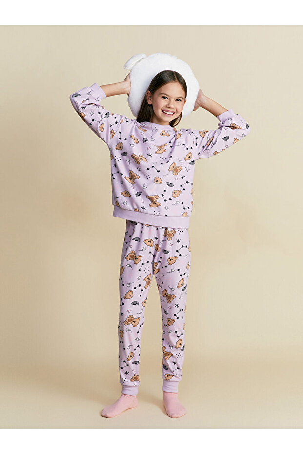 LCW Bisiklet Yaka Ayı Teddy Baskılı Kız Çocuk Pijama Takımı - 1