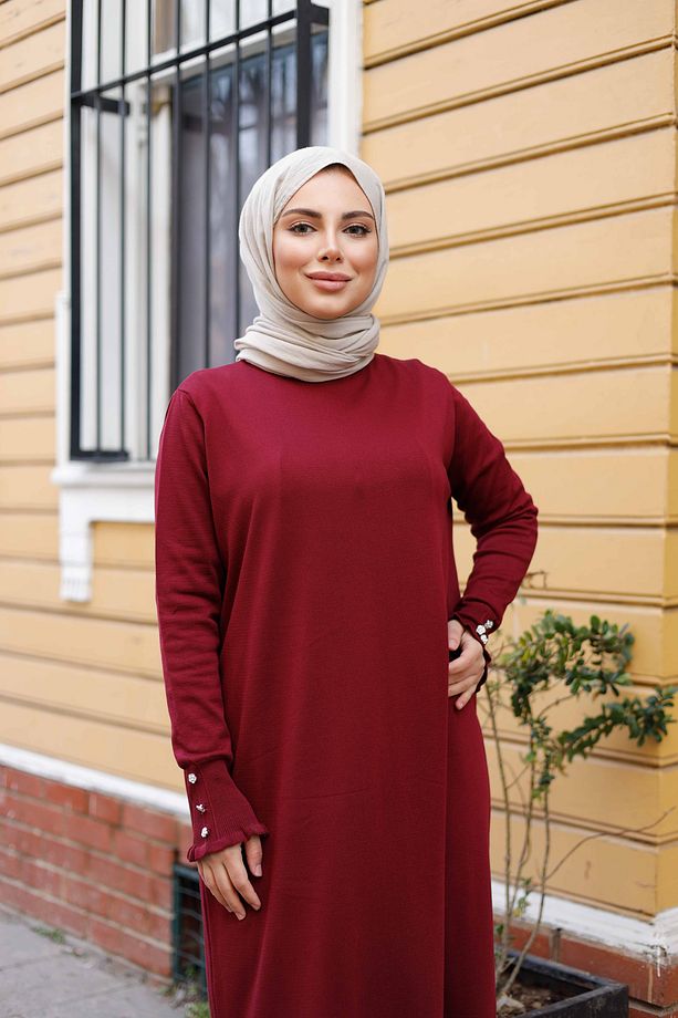 Kadın Merserize Yakası Taş Detaylı Fırfırlı Triko Elbise - 5