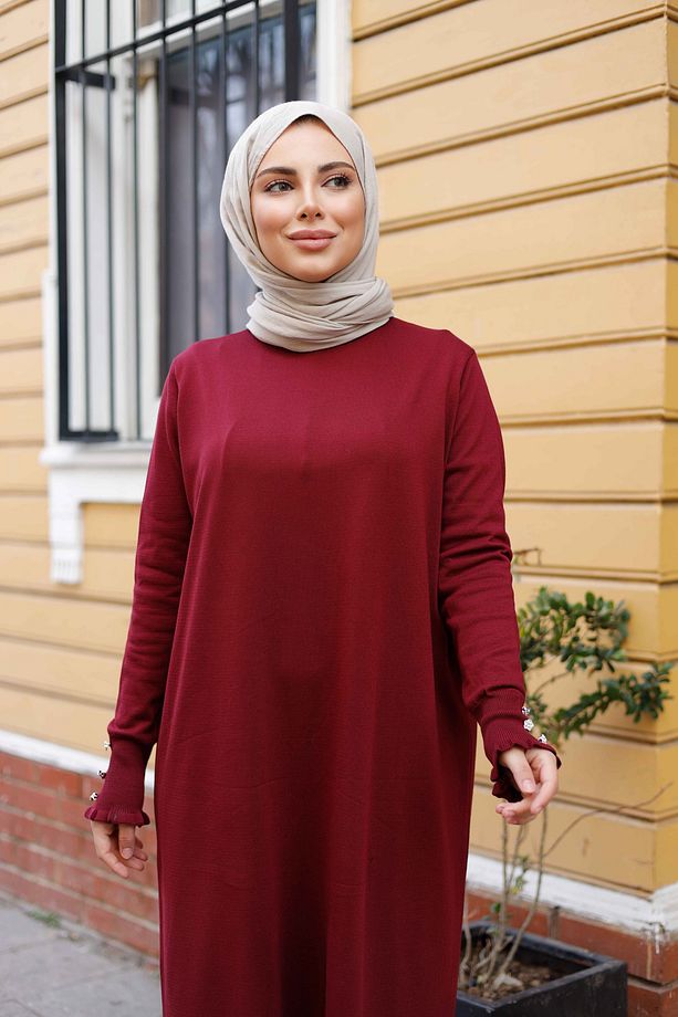 Kadın Merserize Yakası Taş Detaylı Fırfırlı Triko Elbise - 4
