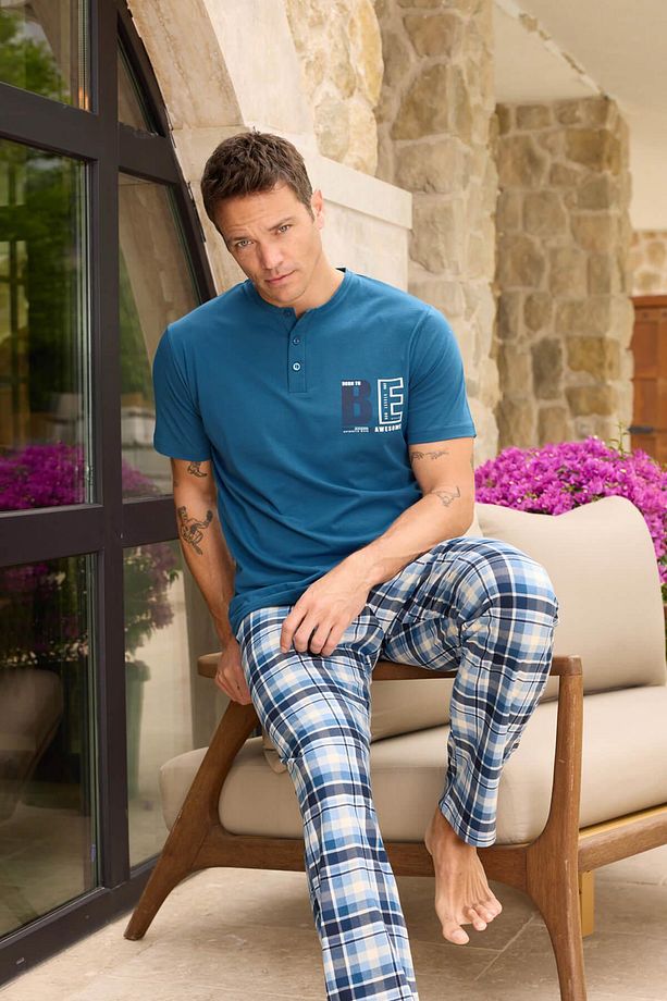 Mavi Ekose BE Desenli Kısa Kollu Erkek Pijama Takımı - 3