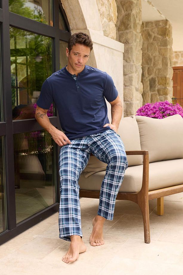 Lacivert Mavi Ekose Line Edge Detaylı Kısa Kollu Erkek Pijama Takımı - 4
