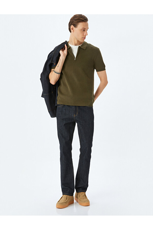 Half Zipper Cotton Blend Short Sleeve Knitwear T-Shirt