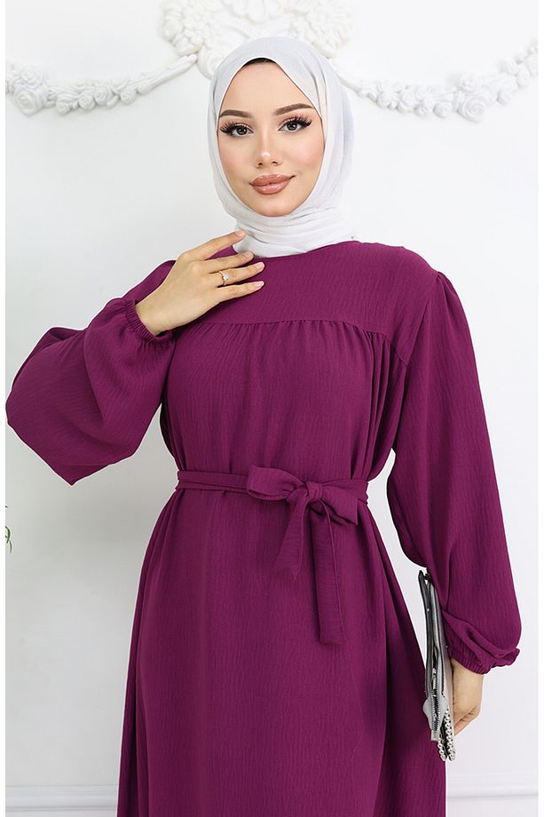 Krep Kumaş Kolu Lastikli Elbise 0029-06 Mor - 3